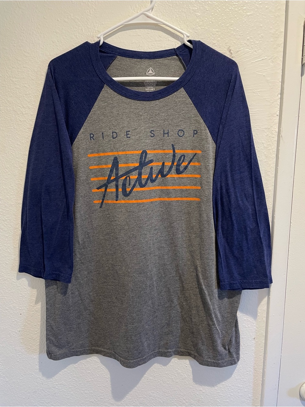 Active Ride Shop Skate Gray Blue Orange 3/4 Raglan Sleeve Graphic Tee Mens XL